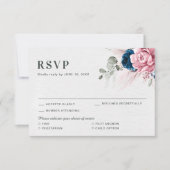 Blush Navy Blauw Zachte Pastel Roze Bloemen Huweli RSVP Kaartje (Voorkant)