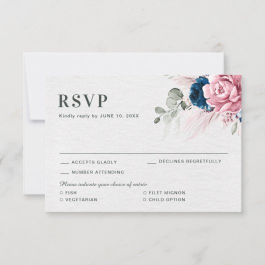 Blush Navy Blauw Zachte Pastel Roze Bloemen Huweli RSVP Kaartje (Voorkant)