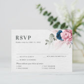 Blush Navy Blauw Zachte Pastel Roze Bloemen Huweli RSVP Kaartje (Staand voorkant)