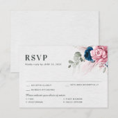 Blush Navy Blauw Zachte Pastel Roze Bloemen Huweli RSVP Kaartje (Voorkant / Achterkant)