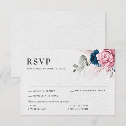 Blush Navy Blauw Zachte Pastel Roze Bloemen Huweli RSVP Kaartje (Voorkant / Achterkant)