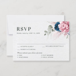 Blush Navy Blauw Zachte Pastel Roze Bloemen Huweli RSVP Kaartje