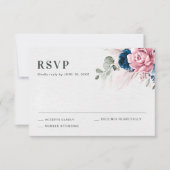 Blush Navy Blauw Zachte Pastel Roze Bloemen Huweli RSVP Kaartje (Voorkant)