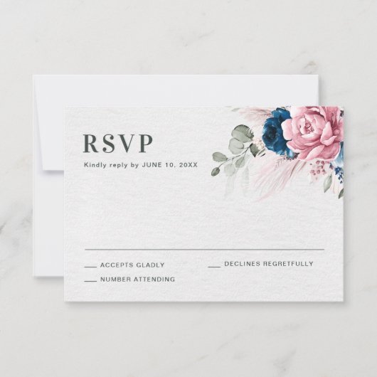 Blush Navy Blauw Zachte Pastel Roze Bloemen Huweli RSVP Kaartje (Voorkant)