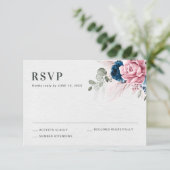 Blush Navy Blauw Zachte Pastel Roze Bloemen Huweli RSVP Kaartje (Staand voorkant)