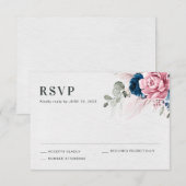 Blush Navy Blauw Zachte Pastel Roze Bloemen Huweli RSVP Kaartje (Voorkant / Achterkant)