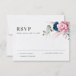 Blush Navy Blauw Zachte Pastel Roze Bloemen Huweli RSVP Kaartje