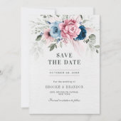 Blush Navy Blauw Zachte Pastel Roze Bloemen Huweli Save The Date (Voorkant)