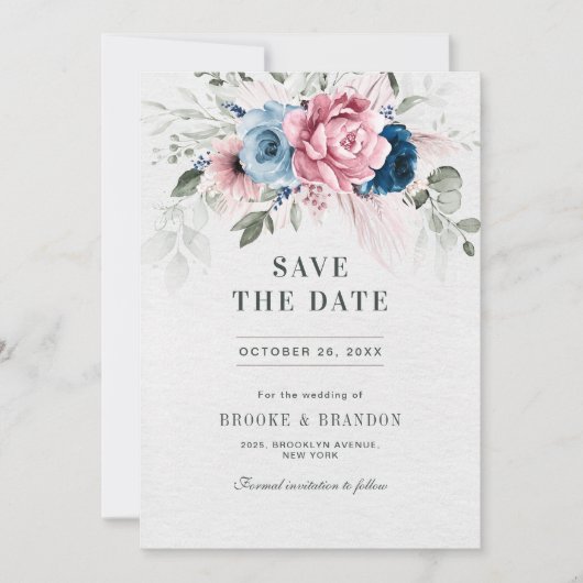 Blush Navy Blauw Zachte Pastel Roze Bloemen Huweli Save The Date (Voorkant)