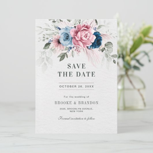 Blush Navy Blauw Zachte Pastel Roze Bloemen Huweli Save The Date (Staand voorkant)