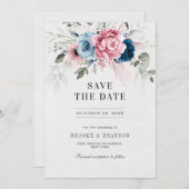 Blush Navy Blauw Zachte Pastel Roze Bloemen Huweli Save The Date (Voorkant / Achterkant)