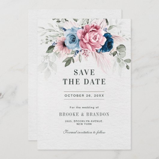 Blush Navy Blauw Zachte Pastel Roze Bloemen Huweli Save The Date (Voorkant / Achterkant)