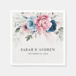 Blush Navy Blauw Zachte Pastel Roze Bloemen Huweli Servet