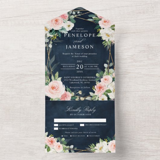 Blush Navy Blauwe Floral Geometric Botanical All In One Uitnodiging (Binnen)