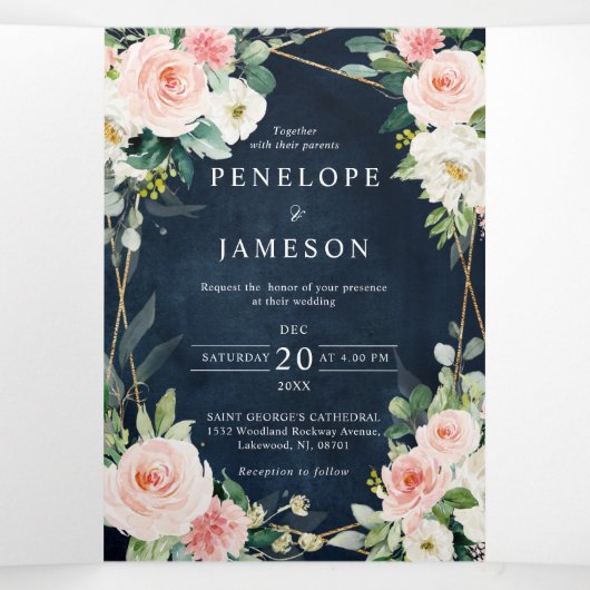 Blush Navy Blauwe Floral Geometric Botanical Drieluik Programma (Binnenkant midden)