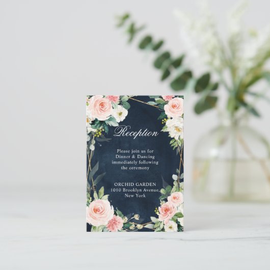 Blush Navy Blauwe Floral Geometric Botanical Informatiekaartje (Staand voorkant)