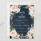 Blush Navy Blauwe Floral Geometric Botanical Save The Date (Voorkant)