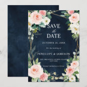 Blush Navy Blauwe Floral Geometric Botanical Save The Date (Voorkant / Achterkant)