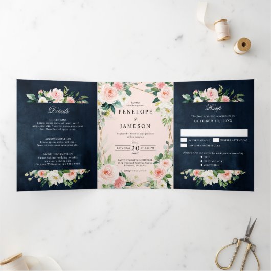 Blush Navy Blauwe Floral Geometric Botanical T Drieluik Programma (Binnen)