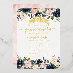 Blush Navy Bloem Gouden Vlinder Quinceanera Folie Uitnodiging