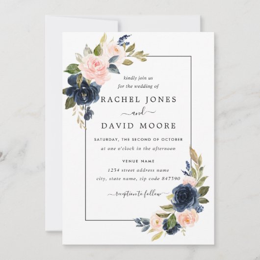Blush Navy Bloemen Bloem Huwelijksuitnodiging Kaart (Voorkant)