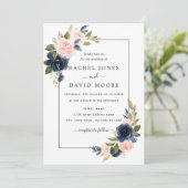 Blush Navy Bloemen Bloem Huwelijksuitnodiging Kaart (Staand voorkant)