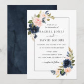 Blush Navy Bloemen Bloem Huwelijksuitnodiging Kaart (Voorkant / Achterkant)