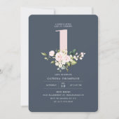 Blush & Navy Bloemen & Eucalyptus Meisje 1e verjaa Kaart (Voorkant)