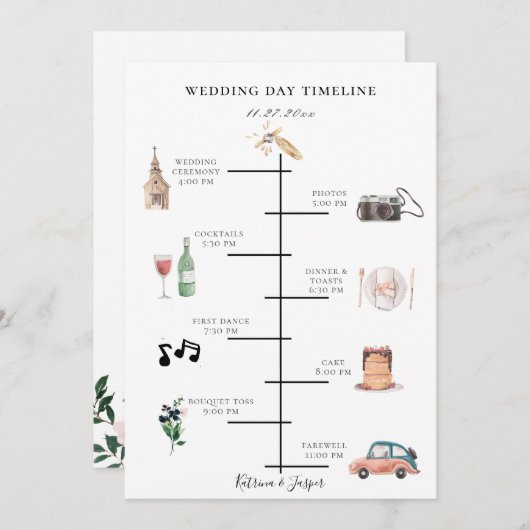 Blush Navy Bloemen Geïllustreerde Trouwtijdlijn Programmakaart (Voorkant / Achterkant)