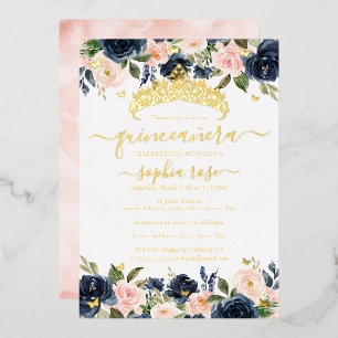Blush Navy Bloemen Gouden Vlinder Quinceanera Folie Uitnodiging