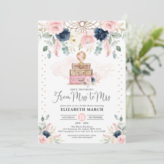 Blush Navy Bloemen Reizen Avontuur Vrijgezellenfee Kaart (Staand voorkant)