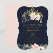 Blush Navy Bloemen Tiara Quinceanera Kaart (Voorkant / Achterkant)