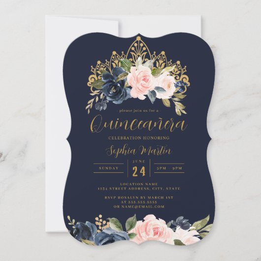 Blush Navy Bloemen Tiara Quinceanera Kaart (Voorkant)