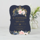 Blush Navy Bloemen Tiara Quinceanera Kaart (Staand voorkant)