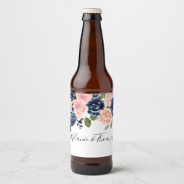 Blush & Navy Bloemen Trouw Verlovingsfeest Bier Etiket