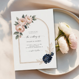 Blush Navy Bloemenboog Betaalbare Digitale Huwelij Kaart