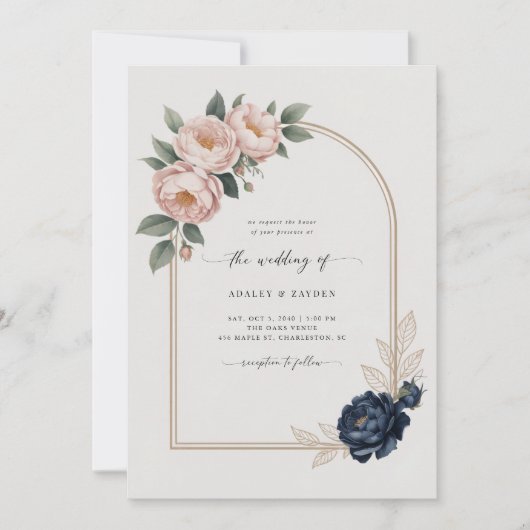 Blush Navy Bloemenboog Betaalbare Digitale Huwelij Kaart (Voorkant)