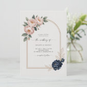 Blush Navy Bloemenboog Betaalbare Digitale Huwelij Kaart (Staand voorkant)