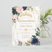 Blush Navy Bloemenvlinder Geometrische Quinceanera Kaart (Staand voorkant)
