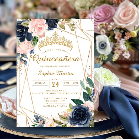 Blush Navy Bloemenvlinder Geometrische Quinceanera Kaart