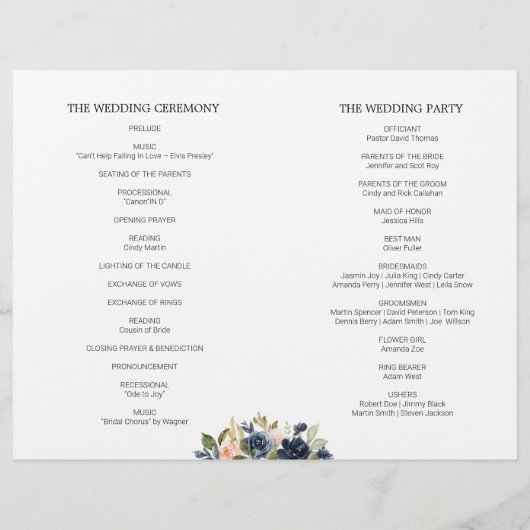 Blush Navy Blossom Floral Folded Wedding Program (Achterkant)