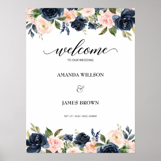 Blush Navy Blossom Weddenschap Welkom Poster (Voorkant)