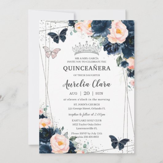 Blush Navy Blue Bloemenvlinders Quinceañera Kaart (Voorkant)