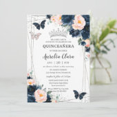 Blush Navy Blue Bloemenvlinders Quinceañera Kaart (Staand voorkant)