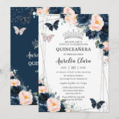 Blush Navy Blue Bloemenvlinders Quinceañera Kaart (Voorkant / Achterkant)