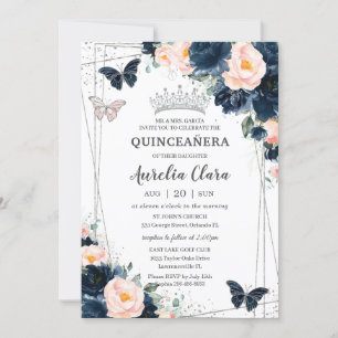 Blush Navy Blue Bloemenvlinders Quinceañera Kaart