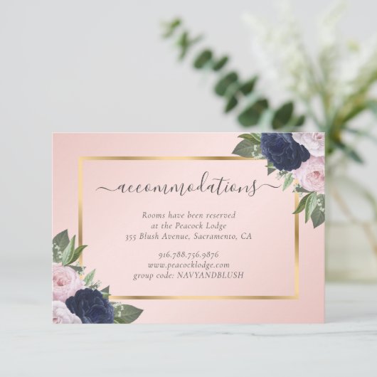 Blush Navy Blue Bruiloft Hotel Accommodatie Informatiekaartje (Staand voorkant)