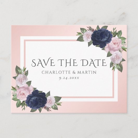 Blush Navy Blue Floral Wedding Save the Date Aankondigingskaart (Voorkant)