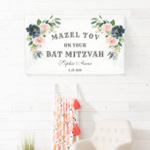 Blush Navy Blue Flowers Bat Mitzvah Welcome Sign Spandoek (Insitu)