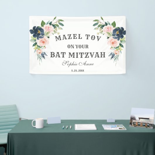 Blush Navy Blue Flowers Bat Mitzvah Welcome Sign Spandoek (Beurs)